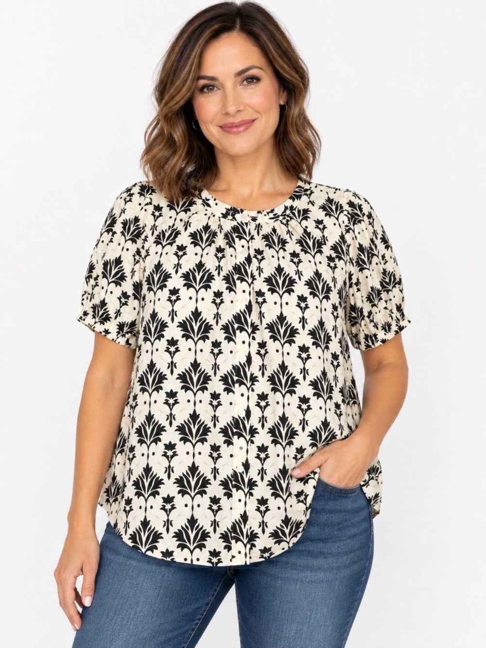 Philosophy Womens S Black Ivory Floral Button Front Blouse Puff Sleeve